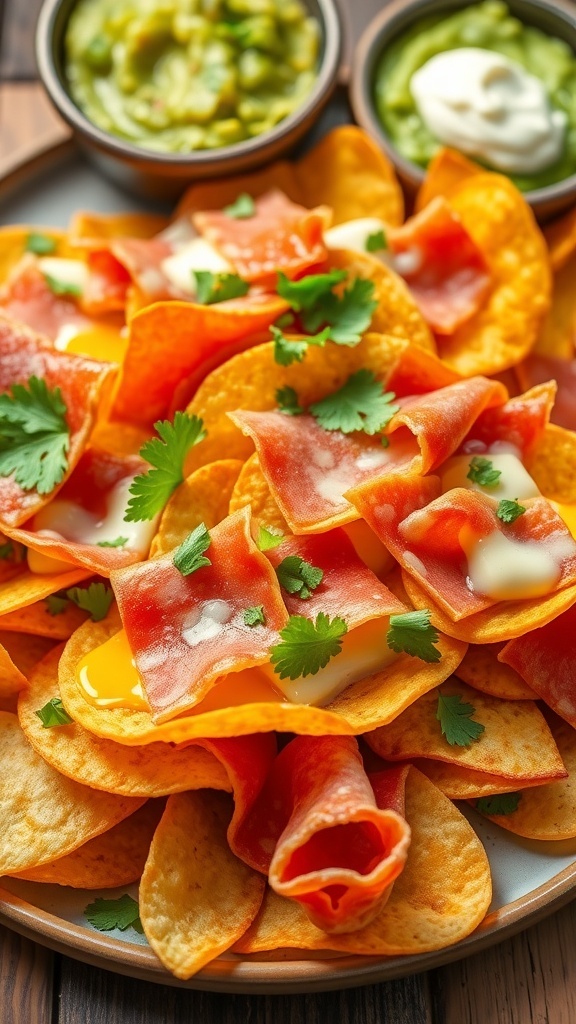 Crispy tortilla chips with jamón and melted cheese, garnished with cilantro, served with guacamole and sour cream.